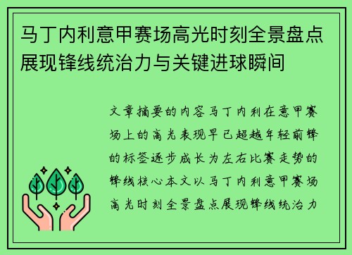 马丁内利意甲赛场高光时刻全景盘点展现锋线统治力与关键进球瞬间